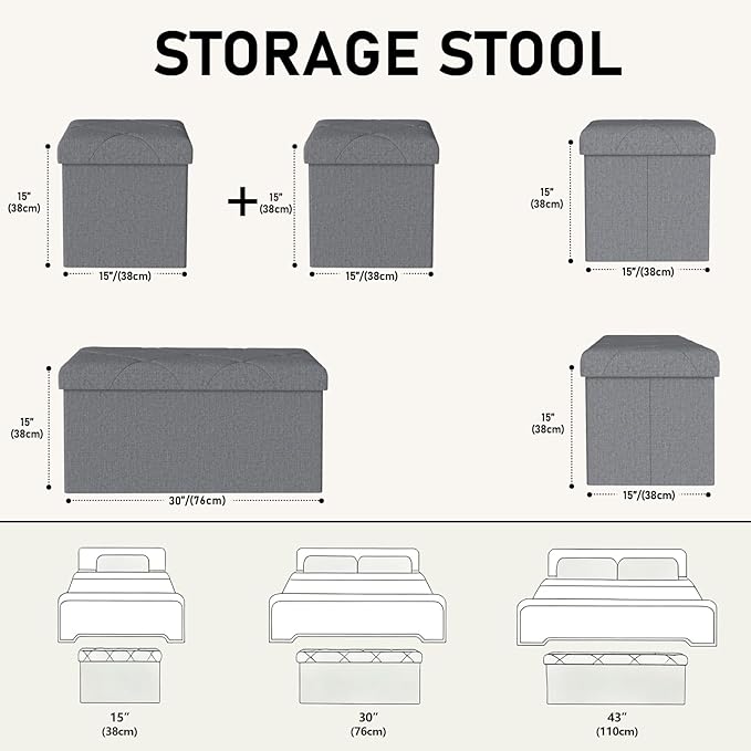 30W Folding Ottoman with Storage Bench,Storage Ottoman Bench,15W Inches Ottoman Foot Rest,End of Bed Bench,Support 660LBS Foot Rest Stool for Living Room,Bedroom,Dark Gray（30W+30W+15W