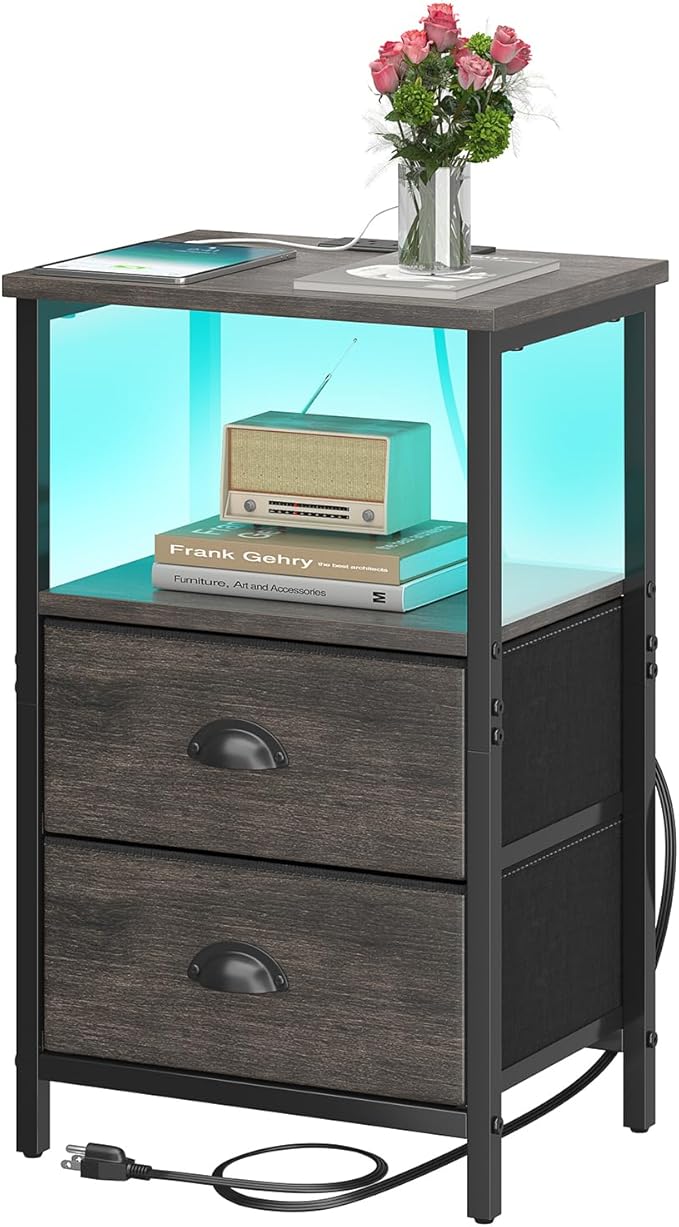 sthmec Nightstand with Charging Station, LED Night Stand with 2 Fabric Drawers, Bedside Tables End Table with Drawers, 2-Tier Storage Side Table Nightstand with Drawers for Bedroom, Black Oak