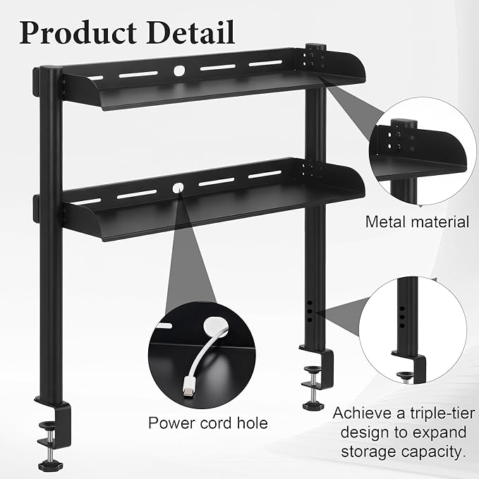 24-Inch Clamp On Desktop Shelf, 3-Tier Office Desk Organizer, Extended Compact Desk Shelf for Home Workspace, Study Room, and Gaming Accessories Storage