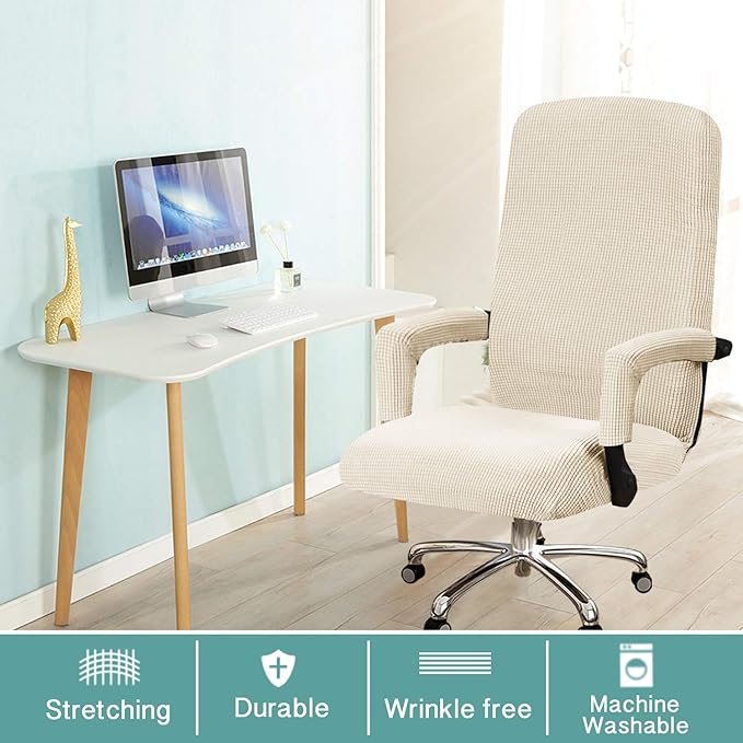 Turquoize Office Chair Cover - Universal Stretch Slipcover for Desk, Computer & Boss Chairs - Rotating Arms - Cats & Dogs - Biscotti Beige