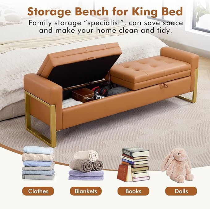 67" End of Bed Bench King Size, Leather Storage Bench for Bedroom Foot of Bed, Double Lids Storage Bench with Golden Legs, Upholstered Ottoman Bench for Living Room Window Entryway, Brown