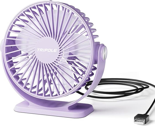 TriPole Desk Fan USB Powered Mini Portable Fan 3 Speeds Strong Airflow Small USB Fans 360°Rotation Personal Travel Fan 5.1 Inch for Home Office Table Bedroom Bedside Desktop, Purple, 4.9ft Cable