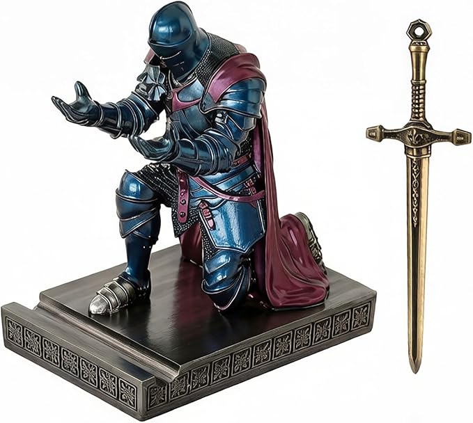 Medieval Armored Warrior Wearing Outerwear, Mobile Phone Stand Knight Pen Holder Desk Organizers, Resin Bookends Paperweight with a Letter Opener for Desk (Blue&Purple)