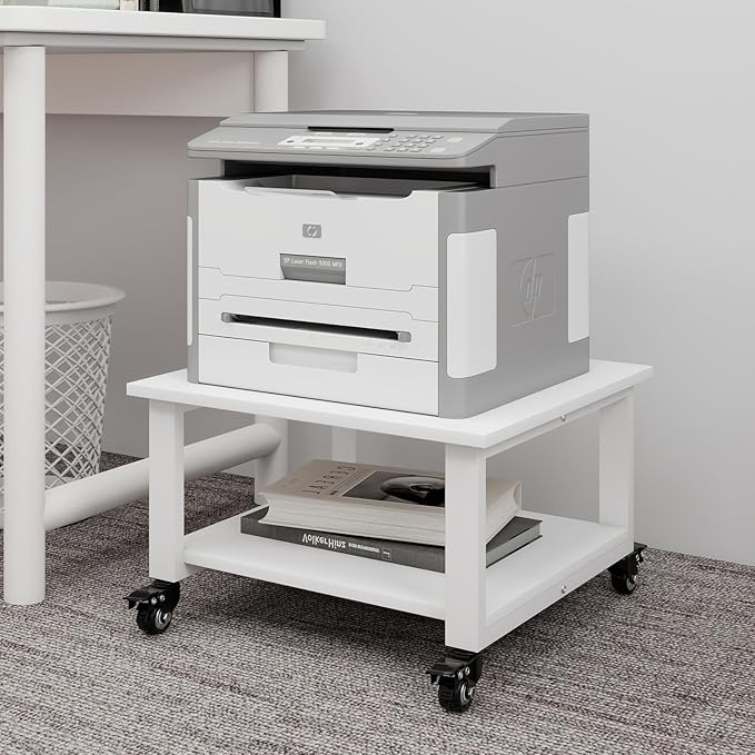 Natwind 2 Tier Laser Printer Stand,19.7''x19.7''x12.6'' Large Printer Table Copier Stand Under Desk,Heavy Duty Rolling Cart with Paper Storage Shelf,Printer Holder on Wheels for Home Office (White)