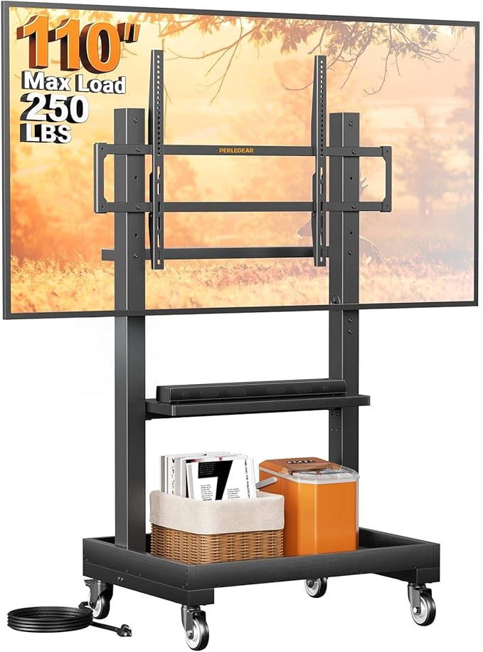Perlegear Rolling TV Stand for 32”-110” TVs up to 250 lbs, Outdoor TV Stand with Large Wheels, Handle & Power Outlet, Height Adjustable Mobile TV Cart with Wood Shelf, Max VESA 800x600mm, PGTVMC24B