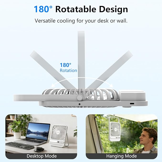 Deyagoo Travel Fan,7-Inch Camping Fan, Rechargeable Fan, 28H 10000mAh Ultra-Thin Quiet USB Desk Fan with Timer & LED Display for Bedroom, Office, Camping
