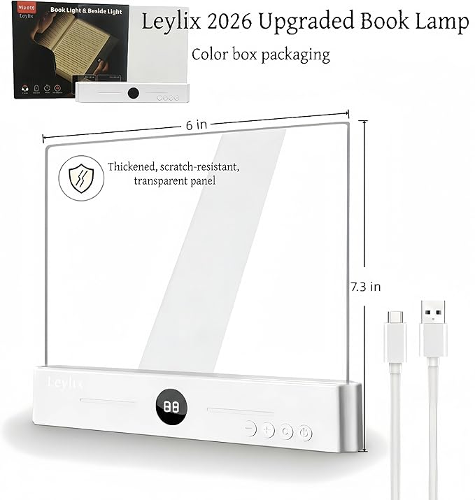 LED Flat Book Light for Reading in Bed, Eye-Caring Books Lights, 3 Color Temperatures & Stepless Dimmable, Portable Flat Panel Lamp Page, USB Rechargeable Night Light for Kids & Adults (White)