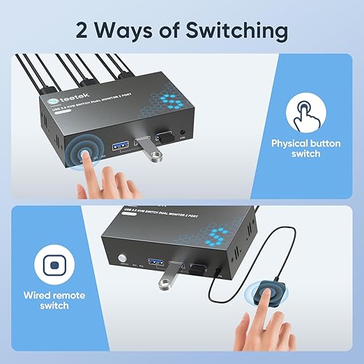Hearvo 8K@60Hz HDMI KVM Switch 2 Monitors 2 Computers, Dual Monitor KVM Switch with EDID Adaptive, USB Sharing, Keyboard Mouse Printer Control, S7229H2
