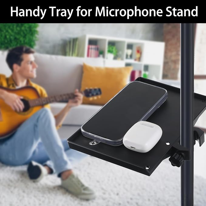 Microphone Stand Shelf Tray, 9.4" × 6.9" Plastic Shelf for Mic Stand Tray Clamp on Firm Rack Music Holder Adjustable with 4 Pound Capacity for Stage Music Sheet Recording Karaoke Podcast