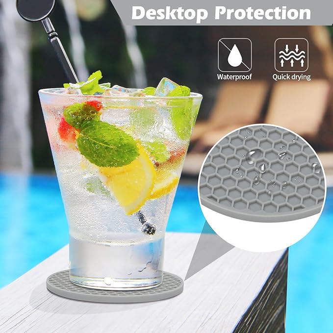 TWTLi Silicone Coasters Set of 8 with Holder,Coasters for Drinks,Beer,Coffee Coasters,Suitable for Kinds Cups,Hot or Cold,Anti-SLI,Non-Stick,Anti-Overflow Tabletop Protection and Decor (12 Pcs, Gray)