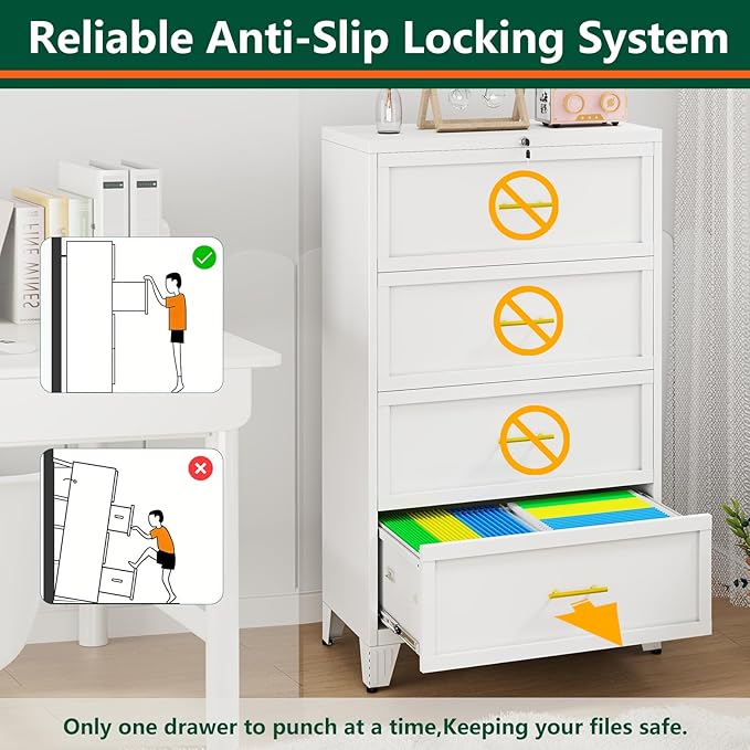 winiowa 4 Drawer File Cabinet, Metal Lateral File Cabinet with Lock, Locking Filing Cabinets for Home Office,Wide Office Storage Cabinet for Hanging Files Letter/Legal/F4/A4 Size (White, 4-Drawer)