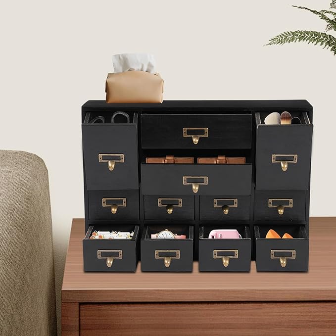 Vintage Desktop Apothecary Cabinet with 12 Drawers,Wood Desktop Organizers Stackable Drawers Desktop Chest Drawer for Herb Storage,Tea Collection,Stationery (12 Drawers,Black)