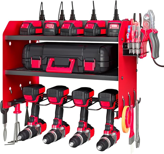 AZERPIAN Power Tool Organizer Wall Mount with Charging Station 3 Layer Heavy Duty Metal Tool Storage Rack with 4 Cordless Drill Holder Utility Rack with 8 Power Strip, Red