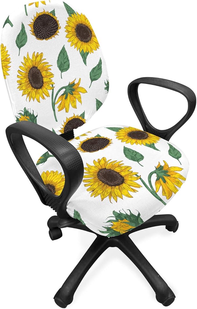 Ambesonne Sunflower Office Chair Slipcover, Agricultural Pattern Botanical Inspiration Hand-Drawn Flowers, Protective Stretch Decorative Fabric Cover, Standard Size, Green Brown