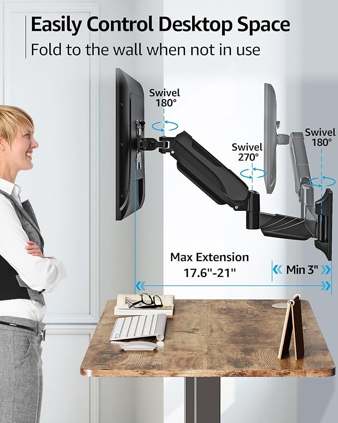 MOUNTUP Monitor Wall Mount for 17-32 Inch Computer Screen, Wall Mounted Arm Support 4.4-17.6lbs Display, Computer Monitor Arm, VESA Bracket for VESA 75x75mm and 100x100mm, Black (Pack of 2)