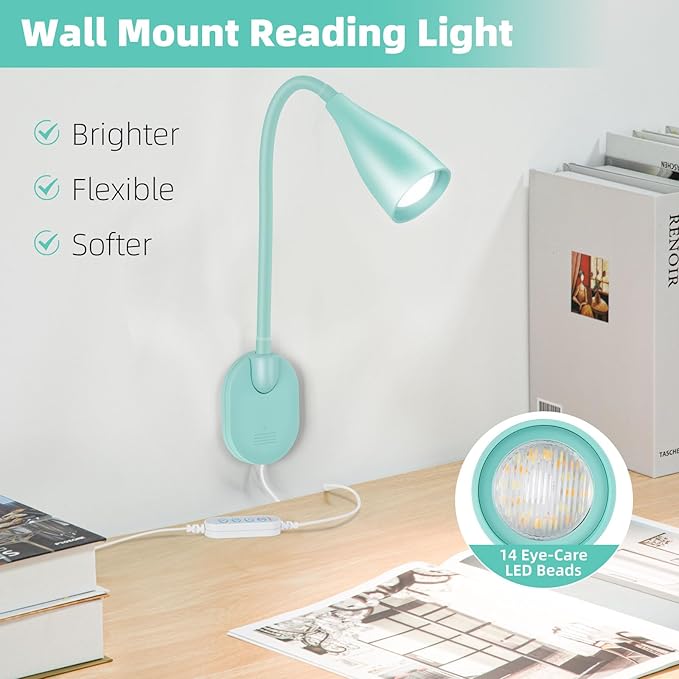 LED Wall Mounted Bedside Reading Light, 3 Color Modes,10 Brightness Dimmable, USB Charging Port, Adhesive Wall Lamp Night Light for Books in Bed, Flexible Neck Eye-Caring Bedroom Lighting Teal