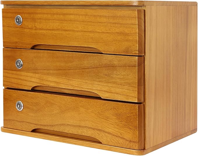 Wood Desk Organizer with 3 Drawers, Lockable Desktop Countertop Storage Cabinet for Home Office Supplies File Tabletop Organizing Unit, 15.75" x 11.02" x 12.2" (Brown)