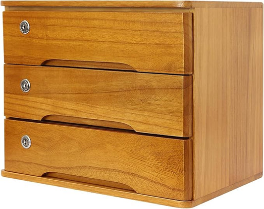 Wood Desk Organizer with 3 Drawers, Lockable Desktop Countertop Storage Cabinet for Home Office Supplies File Tabletop Organizing Unit, 15.75" x 11.02" x 12.2" (Brown)