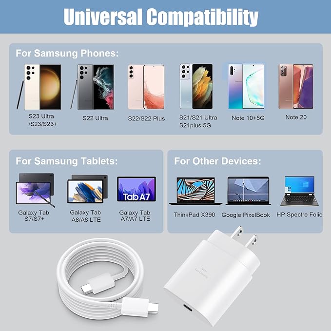 Type C Charger,25W USB C Fast Charger Super Fast Charging Block &12Ft Android Phone Charger Cable Cord for Samsung Galaxy S26/S25/S24/S24 Ultra/S24+/S23/S23 Ultra/S23+/S22/S22 Ultra/S22+/S21/S20