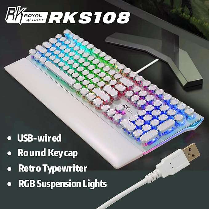 RK ROYAL KLUDGE S108 Typewriter Gaming Keyboard, Retro RGB Mechanical Keyboard, Full Size Wired Keyboards with Number Pad and Detachable Wrist Rest, Round Keycaps, Clicky Blue Switches White