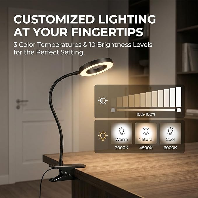Clip on Light, LED Book Light for Reading in Bed, 48 LED Desk Lamp with Clamp, 3 Color Modes & 10 Brightness, 15" Flexible Gooseneck Reading Light for Bed Headboard, Dorm, Crafting, Home Office