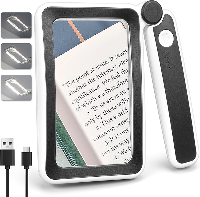 Rechargeable Magnifying Glass with Light for Reading, 5X Large Page Magnifier with LED Lighted for Seniors Low Vision, Folding Handheld Rectangle Magnifier for Reading Small Print Black-White