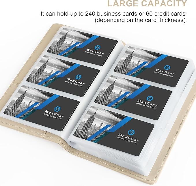MaxGear Business Card Organizer Book, Holds 240 Cards, Portable PU Leather Business Card Holder with Clear Sleeves, Professional Card Binder for Office, Meetings, Networking, Off-white