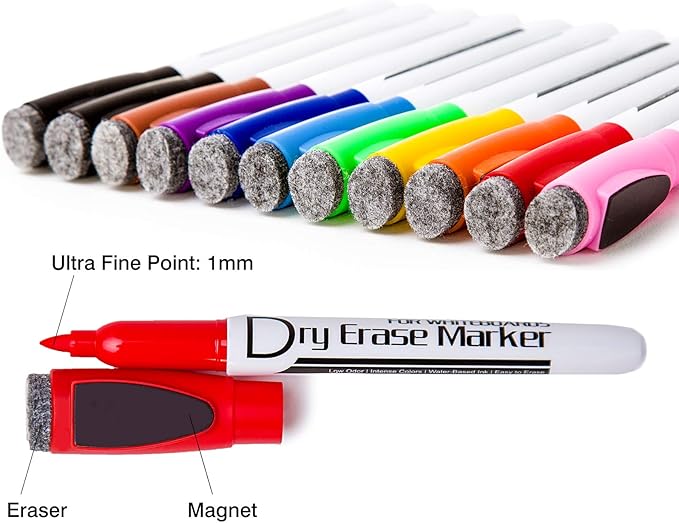 Volcanics Magnetic Dry Erase Markers With Eraser Fine Tip Low Odor Thin Whiteboard Markers for Small White Board Markers Dry Erase Pack of 24,10 Colors