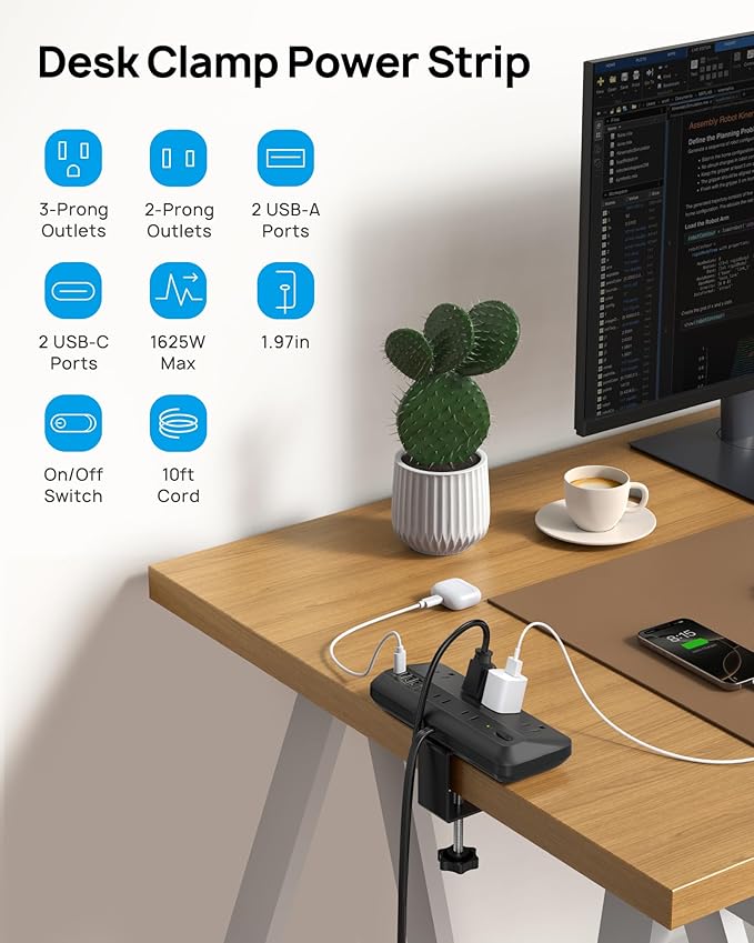 TROND 20W USB C Desk Clamp Power Strip - 1700J Surge Protector with 6 Outlets, Desktop Edge Mount Extension Cord, Fit 1.97" Tabletop, 10FT Flat Plug for Teacher Must Haves, Office, ETL List, Black