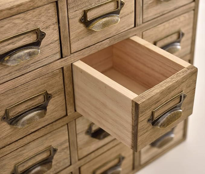 KIRIGEN Wooden Desk Storage Cabinet with 9 Mini Drawers, Solid Wood Desktop Organizer with Metal Label Handles for Office Supplies, Crafts, Tea Bags, Makeup, Brown 9CG-DBR