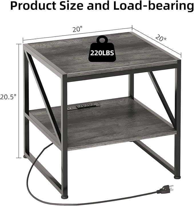 End Table with Charging Station, 20 Inch Square Printer Stand with USB Ports & Power Outlets, Mini Fridge Stand with 2-Tier Storage Shelf Adjustable, Industrial Wood Nightstand for Small Spaces, Grey