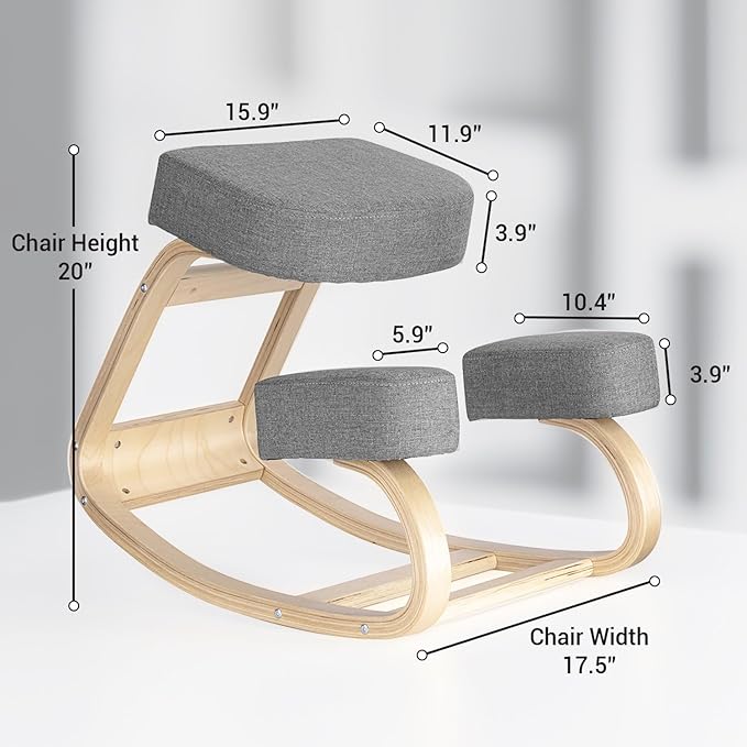 Desky Ergonomic Grey Kneeling Chair – Adjustable Wooden Frame with Cushioned Seat and Knee Pads, Natural Finish, Home Office & Study Support