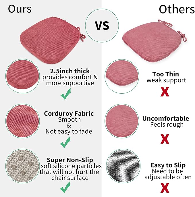 2.5" Thick Chair Cushions for Dining Chair, Corduroy High Density Foam Kitchen Chair Pads, U Shaped Indoor Seat Cushions with Ties & Non-Slip Backing, Washable Cover, 17''x16.5'', Pink