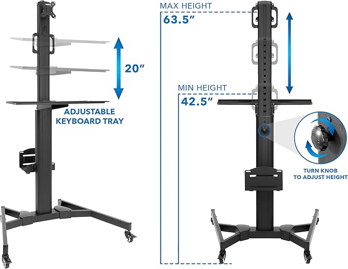 Mount-It! Computer Cart Mobile Desk Workstation with Monitor Mount for Screen up to 32", Rolling Computer Desk PC Cart, Keyboard & Mouse Tray, Rolling Stand with Adjustable CPU Holder, 63.5" Tall