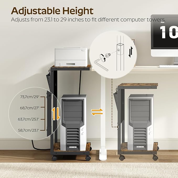 YATINEY PC Stand, Computer Tower Stand with Charging Station, Height Adjustable PC Tower Stand for Floor, 2 Tier Computer Cart On Wheels, 23.1" -29"H,19.7"L x 11"W, for Home Office,Rustic Brown CJ60BR