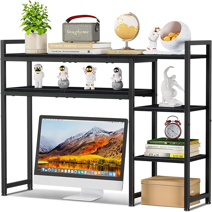 Snughome Desk Shelf, 38.6" Adjustable Desktop Organizer Shelf, Desk Hutch for Computer Monitor Stands, 4 Tier Desktop Display Rack, Wood Desktop Bookshelf Storage Rack for Home Office Dorm, Black