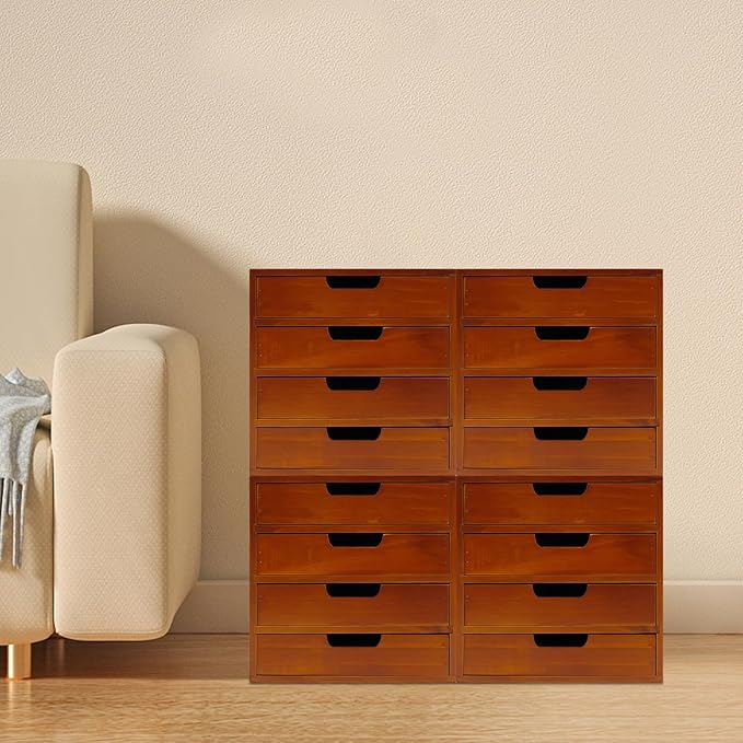 4 Pcs Drawer Cabinet Set, Wooden Storage Box Rustic Desktop Organizer, Mahogany Wood Stackable Units, Small Craft Storage Containers Apothecary Cabinet and Chest Jewelry Holder