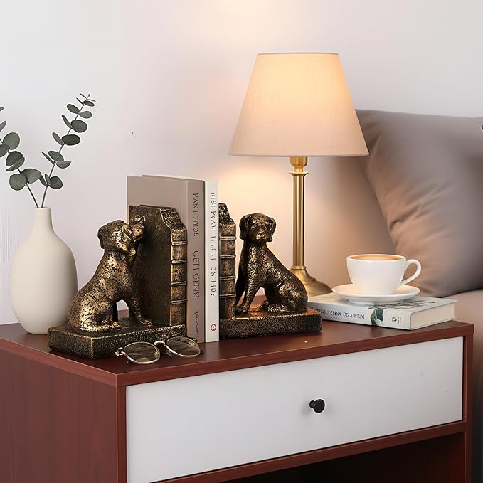 Tatuo 2 Pcs Decorative Dog Bookends for Shelves, Vintage Old-Money Book Ends for Heavy Books Labrador Dog Animal Stopper Retriever Statues with Anti-Slip Base for Book Lover Home Office Bookshelf