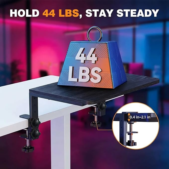 Clamp-On Desk Extender & Monitor Riser Shelf, Heavy Duty 44lbs Load, Adjustable Height, No Drill Installation for Office, Gaming PC & Home Workspace (Black)
