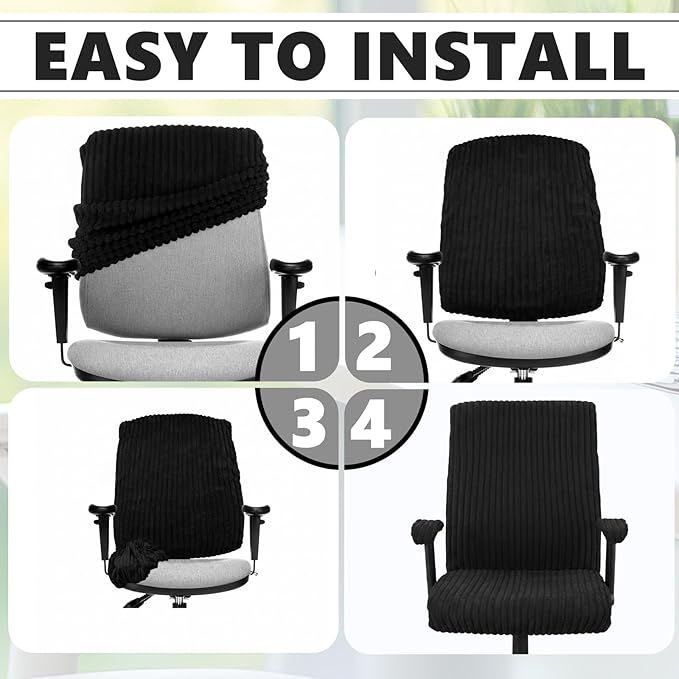 Tegeme Set of 4 Faux Fur Office Chair Covers Set with Armrest Covers, Computer Universal Stretchable Chair Seat Protector Washable Jacquard Computer Seat Slipcovers for Home Office (Black)