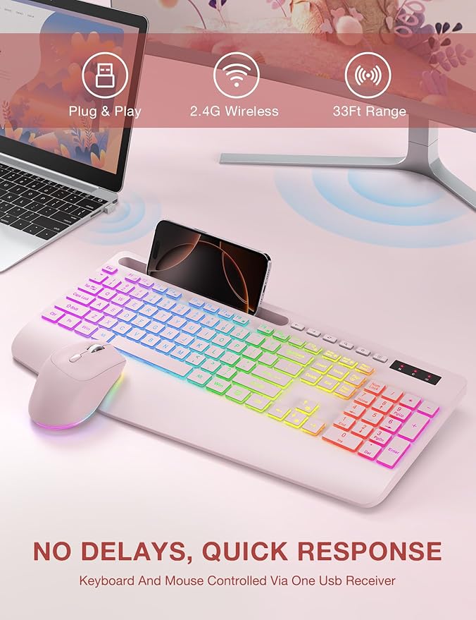 Wireless Keyboard and Mouse Combo, 9 Backlit Effects, Wrist Rest, Phone Holder, 2.4G Lag-Free Ergonomic Keyboards, KM22 MAX Rechargeable Silent Set for Computer, Laptop, Mac, Windows -SABLUTE（Pink）