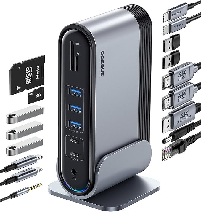 Baseus 17-in-1 Laptop Docking Station 3 Monitors with 4K HDMI+DP, USB C Docking Station with 7 USB, 1000Mbps Ethernet, 100W PD, Card Readers Compatible with Acer/HP/Lenovo/Mac/Dell