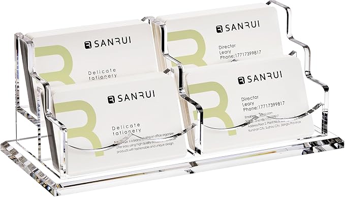 SANRUI Acrylic Business Card Holder for Desk, Horizontal Clear Name Card Display Stand Desktop Display Stand for Business Cards, Business Card Organizer, Perfect for Offices & Professionals 4 Slots