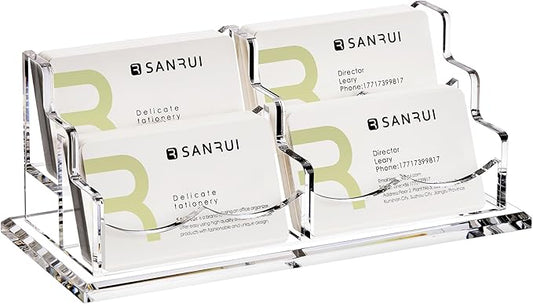 SANRUI Acrylic Business Card Holder for Desk, Horizontal Clear Name Card Display Stand Desktop Display Stand for Business Cards, Business Card Organizer, Perfect for Offices & Professionals 4 Slots