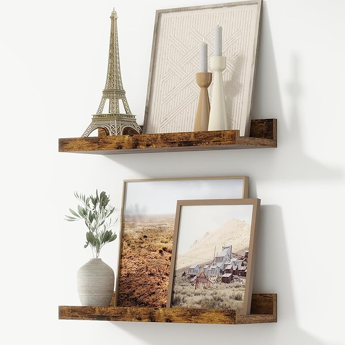 FLYJOE Picture Ledge Shelf, Floating Shelves Set of 2, 16 Inches Nursery Book Shelves for Toys Storage, Kids Bookshelf Wall Mounted for Living Room Bedroom Decor Books Photo Frames, Rustic Brown