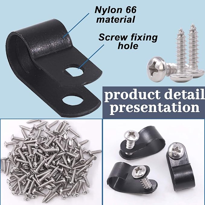Glarks 120Pcs 5/16 Inch Black Nylon Screw Mounting R-Type Cable Clip Wire Clamp Kit with 120Pcs Screws for Wire, Conduit and Cable Conduit