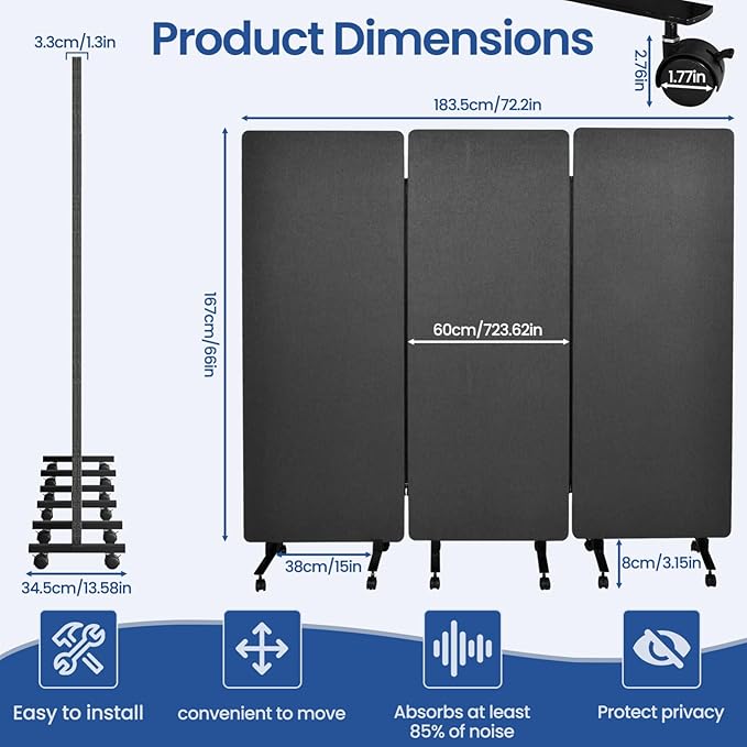 72in 3-Panel Soundproof Room Divider with Wheels, Heavy-Duty Acoustic Partition Temporary Wall for Noise Reduction, Portable Divider for Home Hospital Library Classroom - Dark Grey
