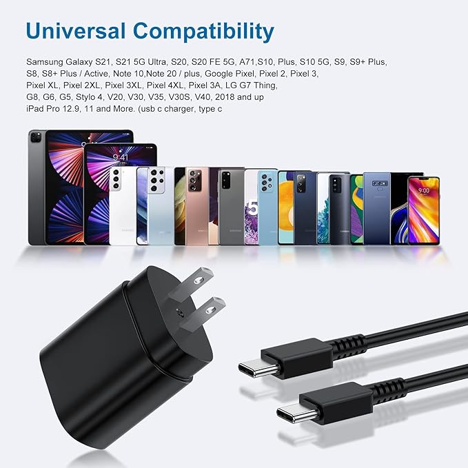 Type C Charger, 2Pack 25W PD USBC Wall Charger Super Fast Charging Block & 6ft Android Phone Cable Cord for Samsung Galaxy S26 S25 S24 S23 S22 S21 S20 (Plus/Ultra)/Note 20 10 9 8/ S10 S9 S8 Galaxy Tab
