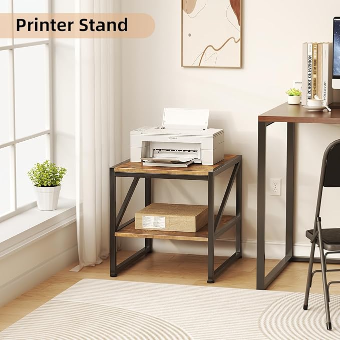Mexin 20 Inch Square End Table, Mini Fridge Stand with 2-Tier Storage Shelf, High Load Capacity Printer Table for Living Room Bedroom, Rustic Brown