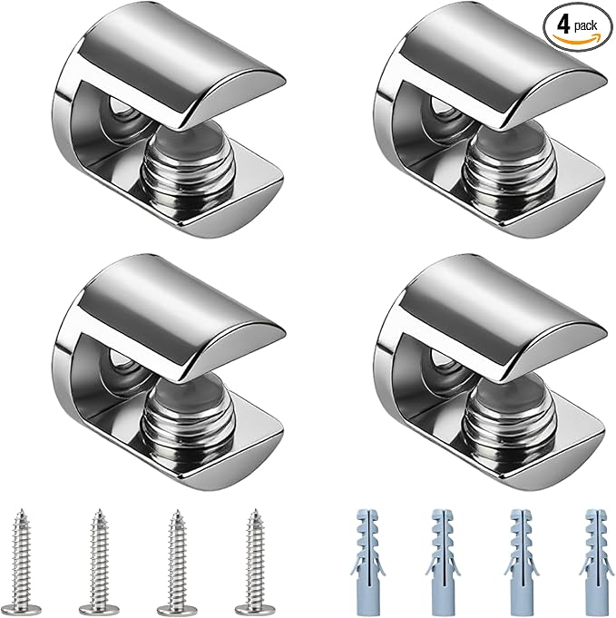Mooche 4Pcs Glass Shelf Brackets, Heavy Duty Wall Mount Adjustable Zinc Alloy Clamp Holder for Wood Shelves, Polished Chrome (for 10-12mm Glass)
